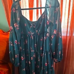Floral chiffon green dress